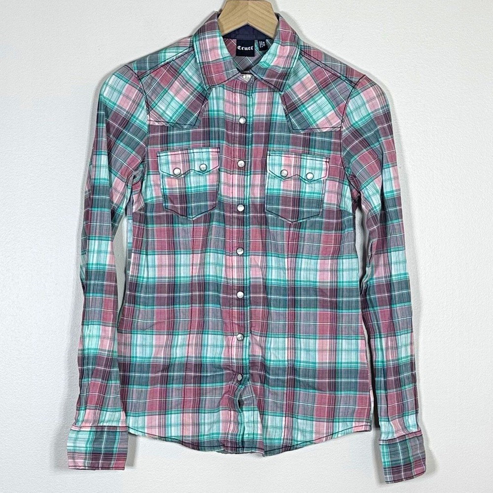 Cruel Girl Womens Western Shirt Size XS Pink Teal Plaid Pearl Snap Cowgirl Rodeo